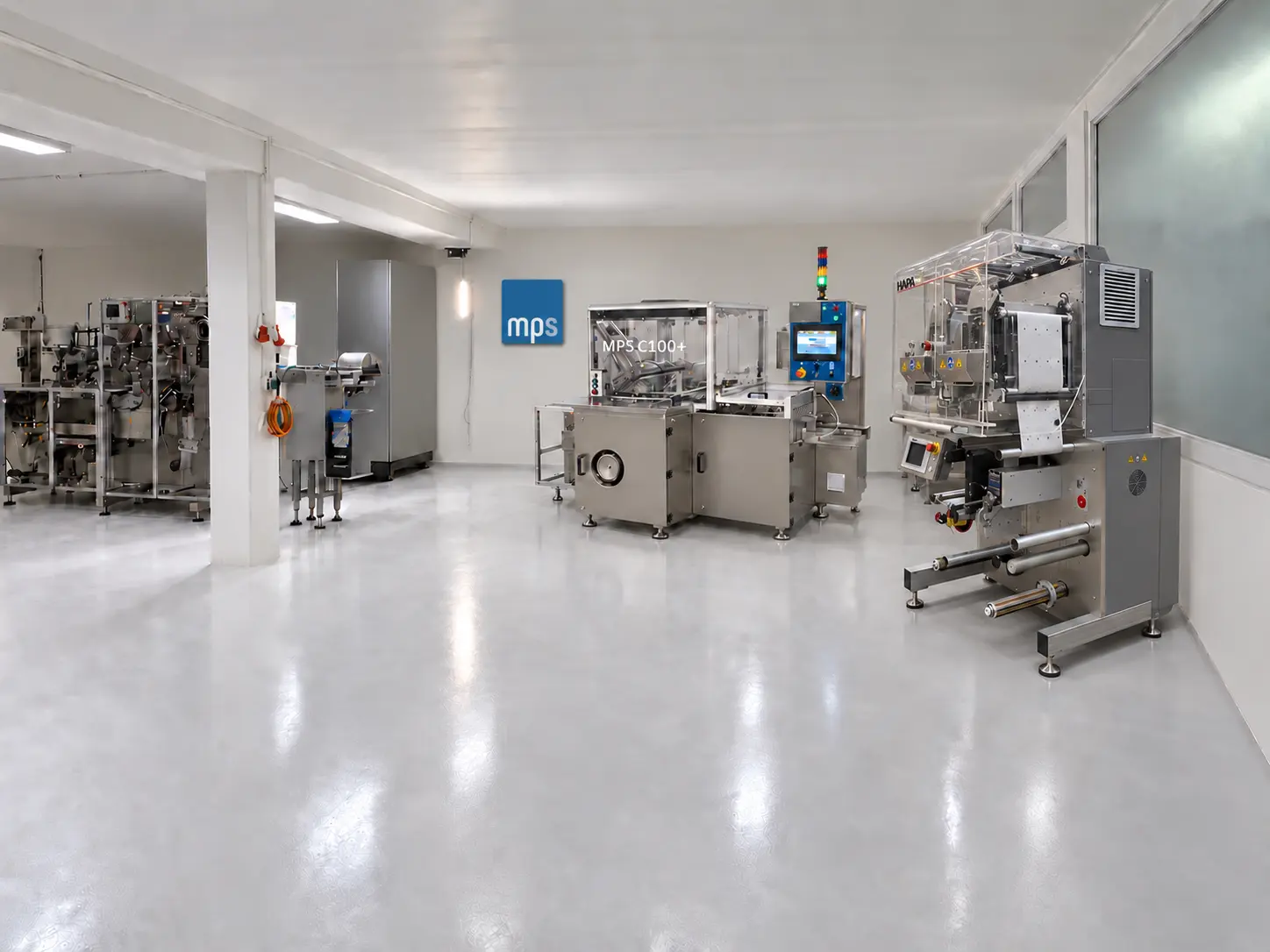 Maschinenbereich des Pharma Campus mit MPS C100+ und Drucksystem